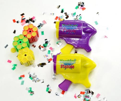 Mini Konfetti Pistole mit 3 x Nachfüllmunition / Patronen a 6 Schuß
