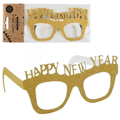 Partybrille Happy New Year, 4er-Set Papier m. Glitter, goldfarben