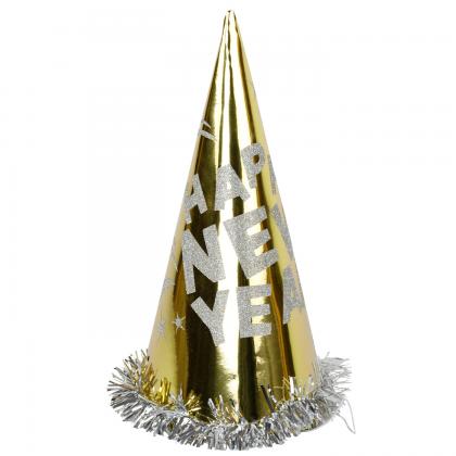 Partyhut Happy New Year goldfarben, Papier, H=35cm