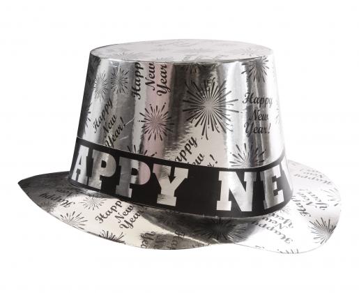 Zylinderhut Silber "Happy New Year" Partyhut